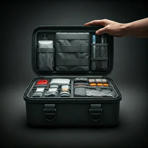 一个打开的红色急救箱，里面装满了各种用品，