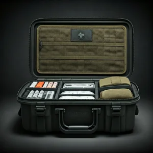 A red first aid kit box, possibly open, showing various