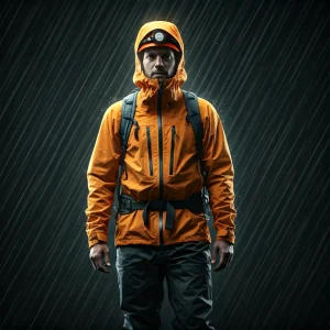 A hiker in a bright waterproof jacket with