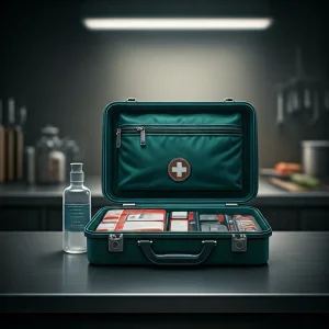A red commercial first aid kit