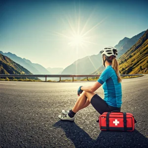 A compact, red bicycle first aid kit, open to reveal medical supplies.