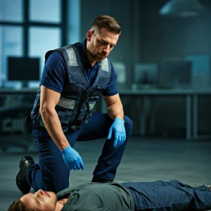 Une personne en uniforme de secouriste rouge et gants bleus applique un pansement sur un bras blessé, symbolisant le secourisme en entreprise et la préparation aux urgences.