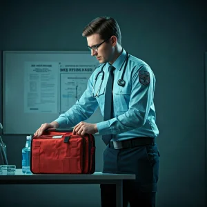 Simbol palang merah P3K warna putih dengan latar belakang hijau di sebelah kiri. Teks di sebelah kanan berbunyi: HSE First Aid Regulations 1981: Workplace Requirements & Compliance Guide.