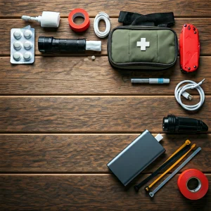 A red first aid kit with a white cross, partially open, revealing medical supplies like gauze rolls, bandages, and an elastic wrap.