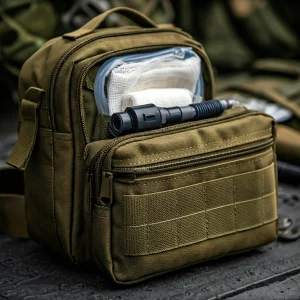 一個打開的單兵急救包（IFAK）特寫，露出止血帶、繃帶和止血紗布等基本醫療用品，可供戰術使用。
