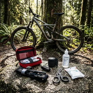 Flat lay organization of a custom mountain bike first aid kit with trauma gear