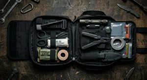 Flat-lay of a tactical medical kit featuring