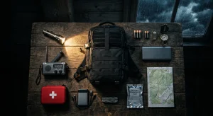 Tactical first aid kit and emergency response supplies laid out for inspection