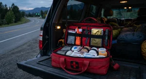 Une trousse de secours tactique rouge ouverte avec des ciseaux Jesco bien ordonnés