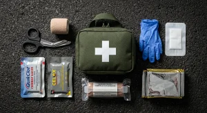 Geöffnete rote Notfalltasche mit medizinischer Ausrüstung für das Fahrzeug