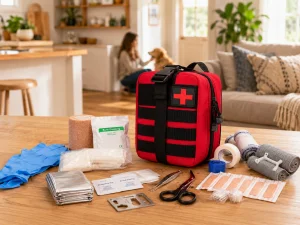 An open first aid kit filled with