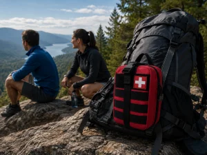 A compact, red first aid kit is open, revealing organized