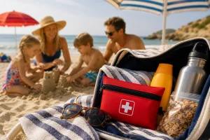 An open first aid kit filled with bandages, wipes,