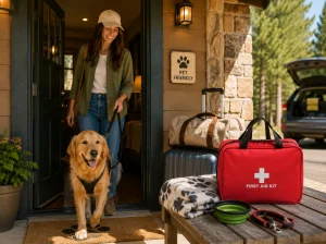 An open first aid kit for pets, revealing bandages,