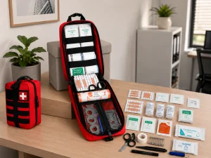 An open, organized first aid kit with neatly arranged bandages