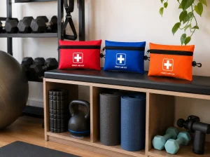 Une trousse de secours rouge ouverte avec des bandages, des lingettes antiseptiques,