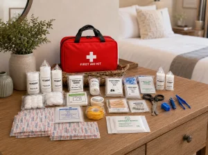 Scatola bianca per kit di pronto soccorso con un rosso prominente
