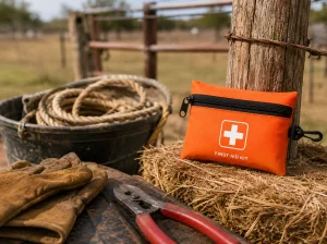 An open red first aid kit box filled with bandages