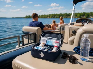 Open red waterproof first aid kit with medical supplies