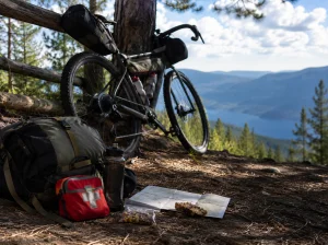 A compact, open cycling first aid kit with bandages, antiseptic wipes