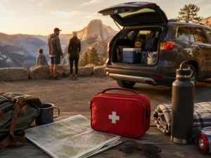 An open first aid kit on a car dashboard, revealing