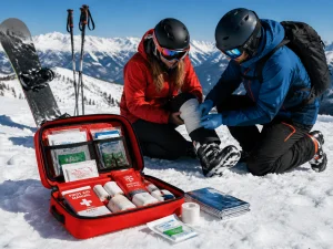 A red first aid kit bag sits open on white snow, revealing various medical supplies. In the foreground, skis and ski poles are planted in the snow.