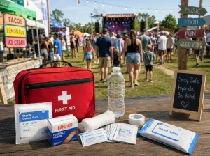 A white first aid box with a red cross icon is open, revealing various medical supplies like bandages, gauze, tape, and antiseptic wipes.