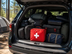 A bright red first aid kit with a white cross symbol rests on a light wooden surface.
