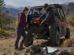 A clear plastic organizer filled with bandages, wraps, pain relievers, and trauma shears, ready for an ATV ride.