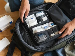 Un montón de suministros médicos, incluidos vendajes, gasas y un frasco pequeño, en su embalaje original, sobre una superficie blanca.