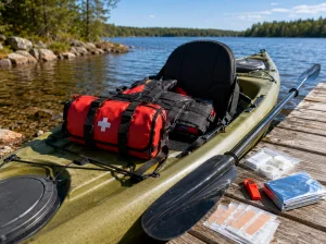 Una borsa stagna rossa con la scritta bianca "FIRST AID" galleggia su acqua limpida e blu, increspata.