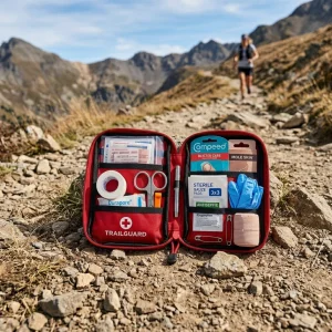 Un kit di primo soccorso compatto e organizzato per il trail running è aperto, rivelando varie forniture mediche come bende, nastro adesivo e prodotti per la cura delle vesciche. Si trova su un sentiero roccioso e asciutto.