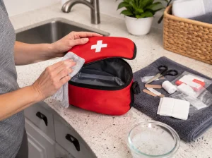 A heavily soiled red first aid bag, zipper slightly open, lies on a gray surface covered in dirt, dust, and debris. The bag is stained and shows signs of significant wear.