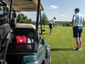 Ein geöffneter Erste-Hilfe-Kasten für den Golfplatz mit Pflastern, Gaze, Klebeband, antiseptischen Tüchern, Schere und anderen medizinischen Utensilien.