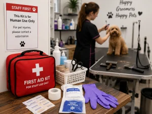 開いた赤い救急箱のとなりに立つ、フワフワした茶色の仔犬