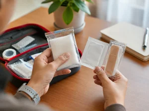 Une trousse de secours ouverte soigneusement organisée,