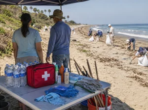 An open red first aid kit stocked with bandages, medical supplies, and trauma shears