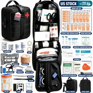 A red tactical first aid kit with a Molle