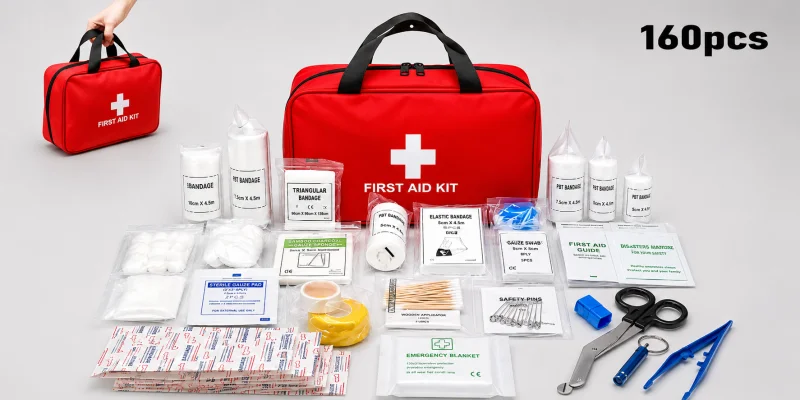 A red first aid kit in a large, waterproof nylon