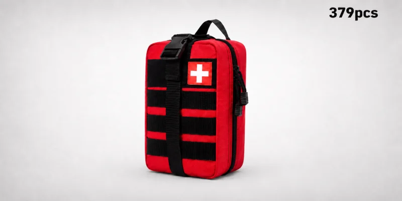 Red tactical first aid kit bag, possibly open to reveal