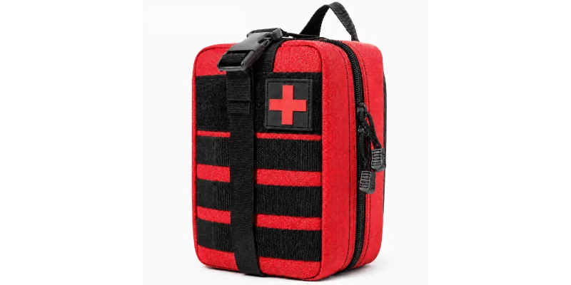 Red tactical first aid kit bag, possibly open to reveal