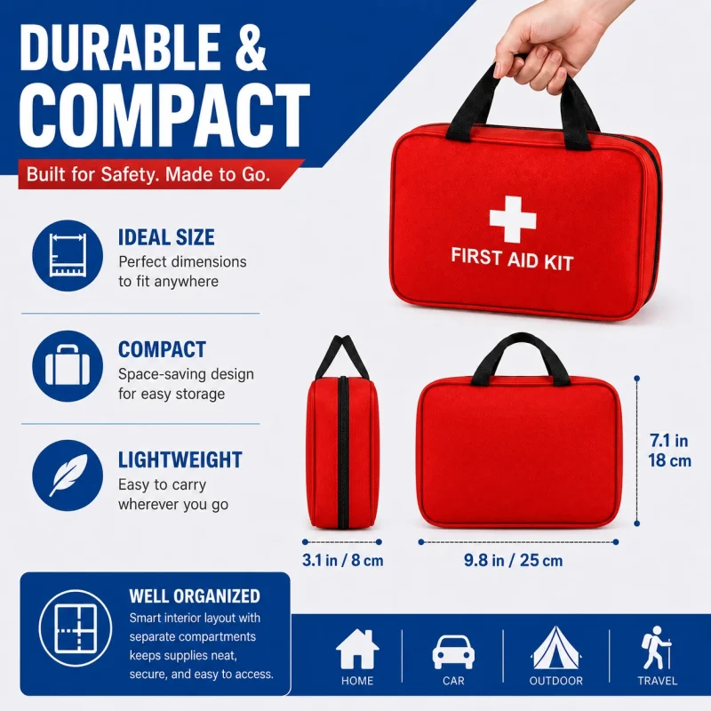 A red first aid kit in a large, waterproof nylon