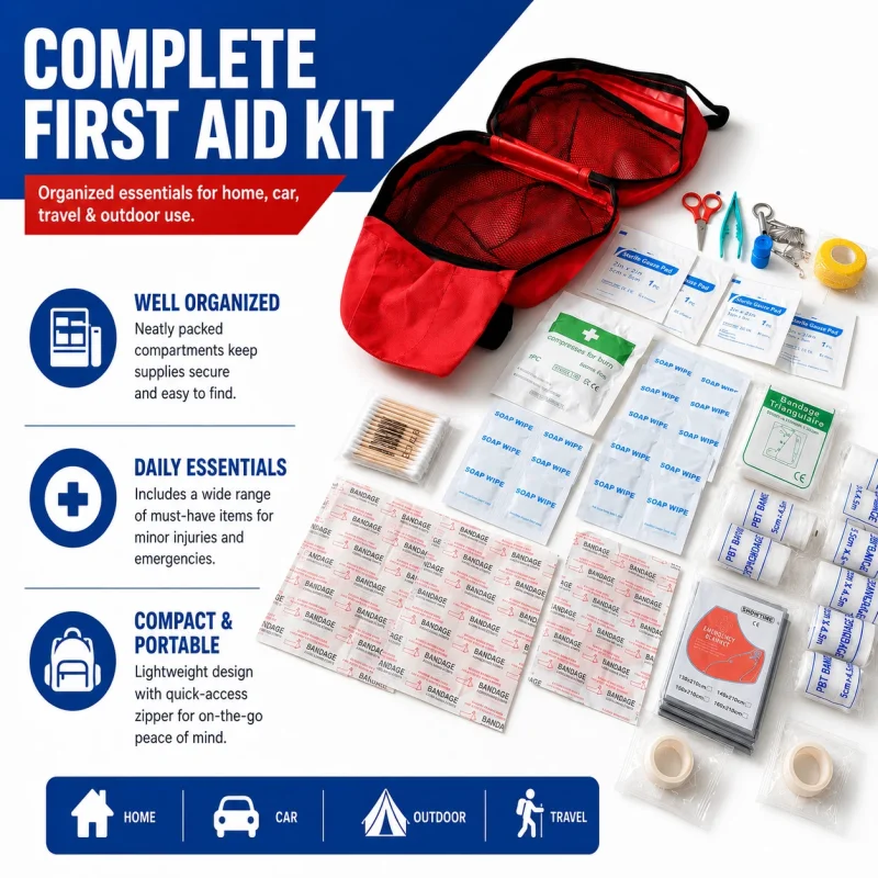 A red first aid kit in a large, waterproof nylon