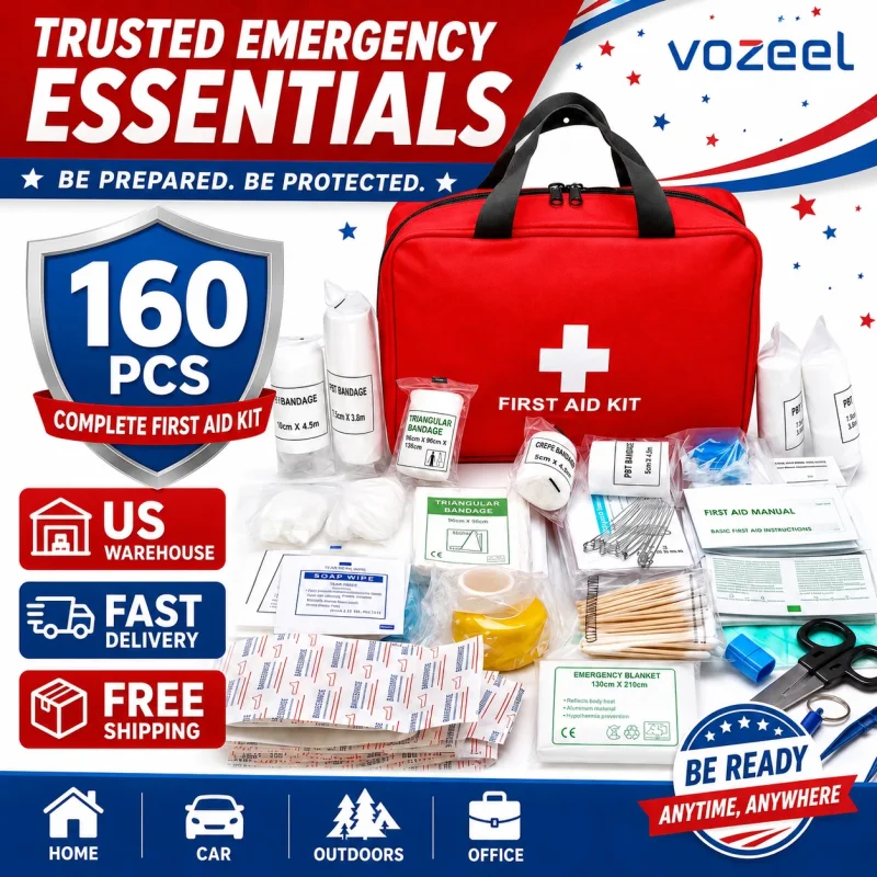 A red first aid kit in a large, waterproof nylon