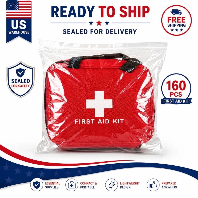 A red first aid kit in a large, waterproof nylon