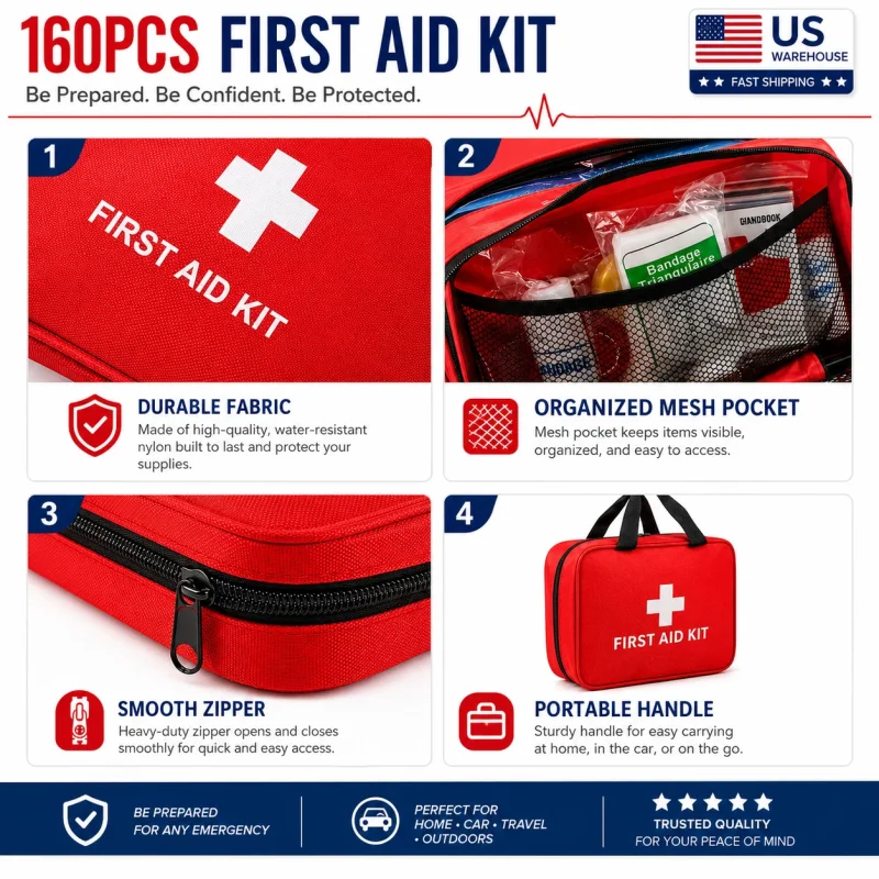 A red first aid kit in a large, waterproof nylon