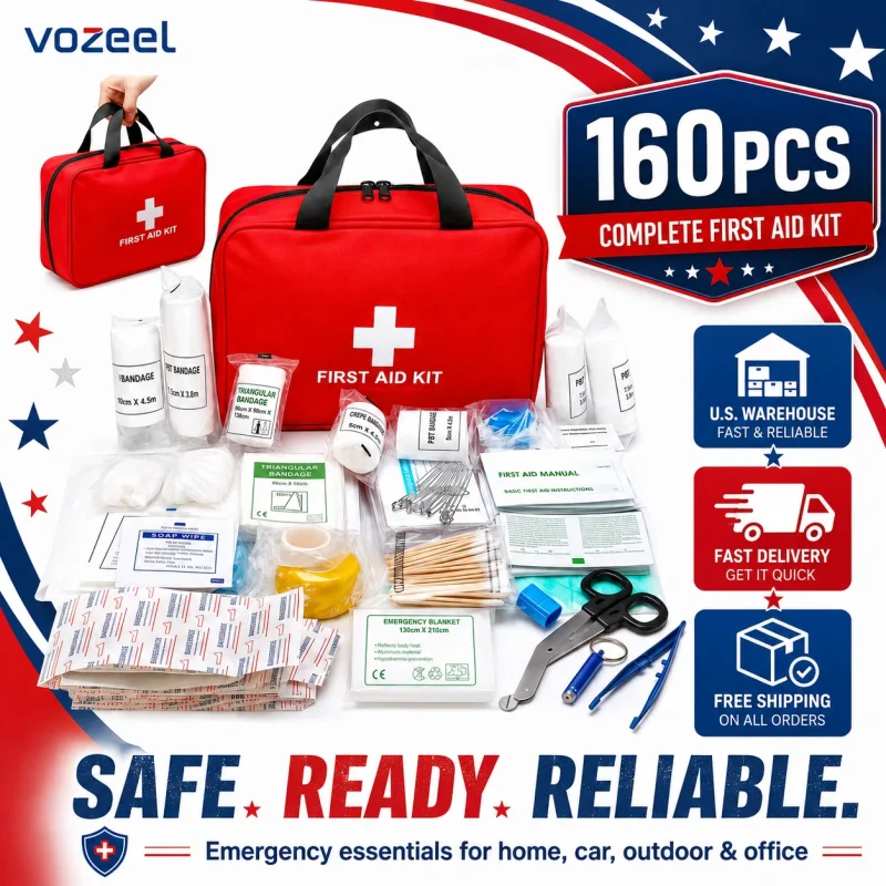 A red first aid kit in a large, waterproof nylon