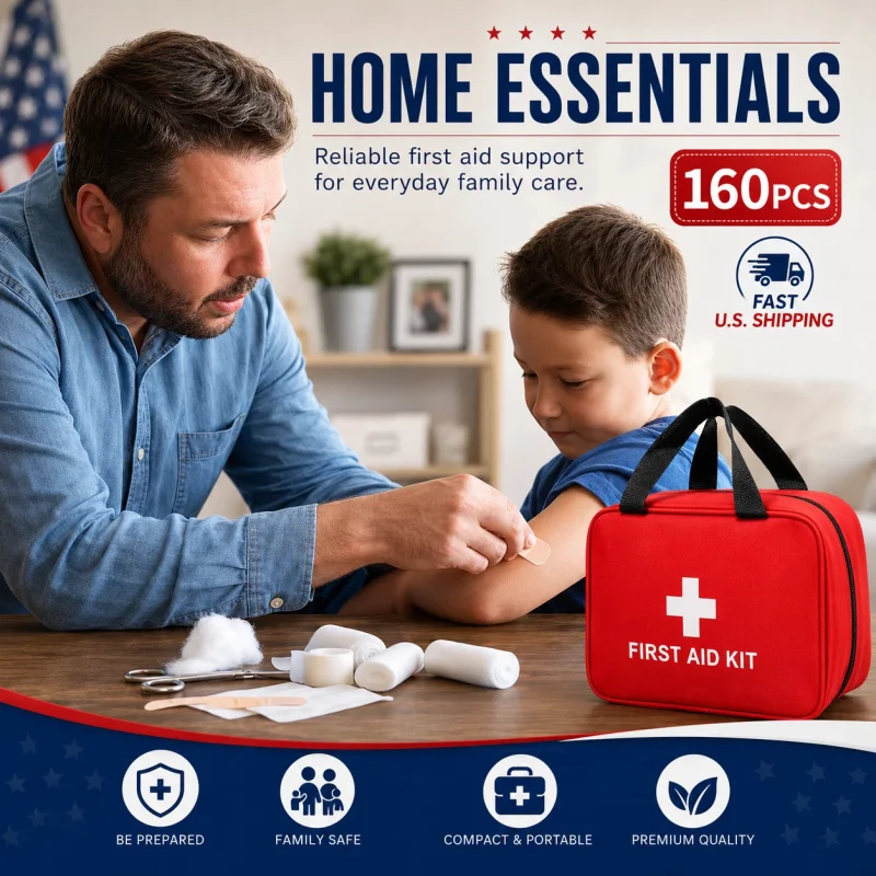A red first aid kit in a large, waterproof nylon