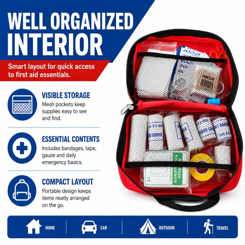 A red first aid kit in a large, waterproof nylon
