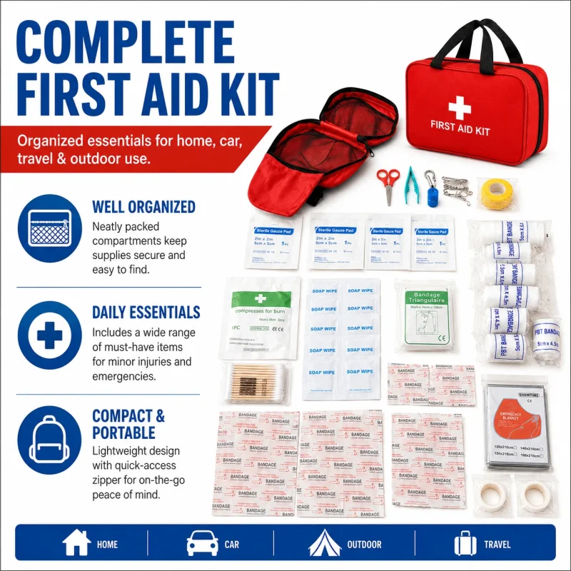 A red first aid kit in a large, waterproof nylon